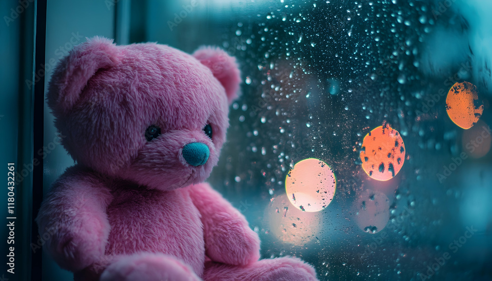 A melancholic pink teddy bear gazes out the window longingly on a rainy autumn day with raindrops tracing delicate patterns on the glass in a close-up view A melancholic pink teddy bear gazes out the window longingly on a rainy autumn day with raindrops tracing delicate patterns on the glass in a close-up view