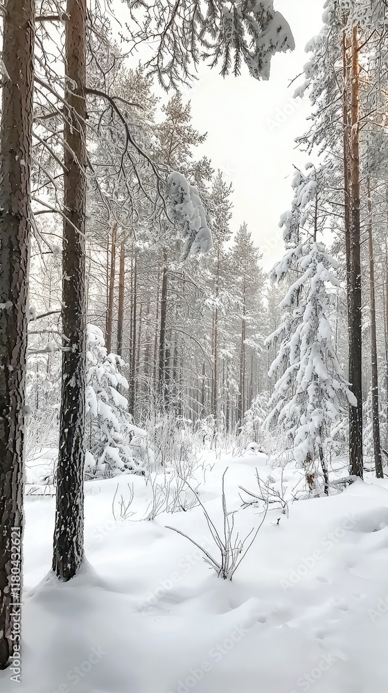 Serene Winter Forest with Fresh Snow Cover and Tall Pine Trees Serene Winter Forest with Fresh Snow Cover and Tall Pine Trees
