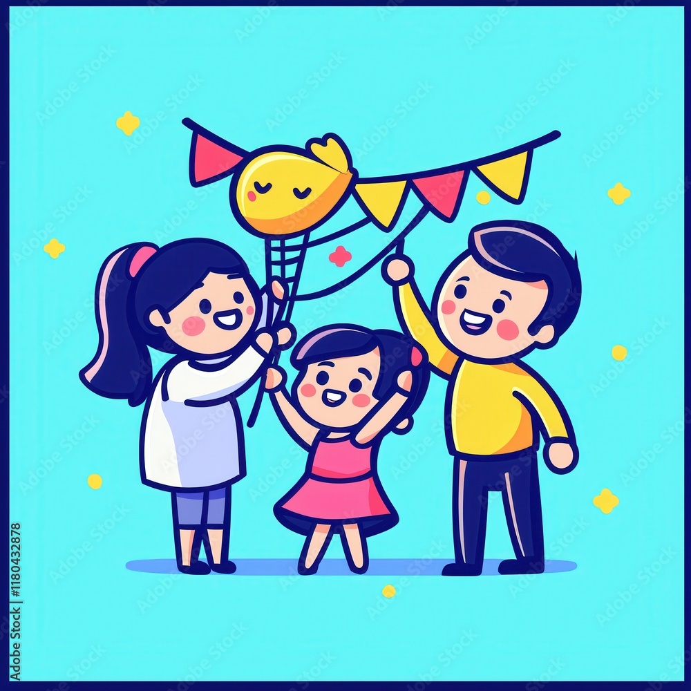 Happy Family Celebration Festive Balloon Girl Boy Parents Joyful Cartoon Illustration Happy Family Celebration Festive Balloon Girl Boy Parents Joyful Cartoon Illustration