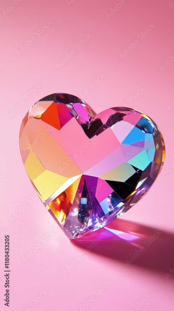 Crystal diamond heart with shadows on pink background. St. Valentine's day concept. Symbol of love and passion Crystal diamond heart with shadows on pink background. St. Valentine's day concept. Symbol of love and passion