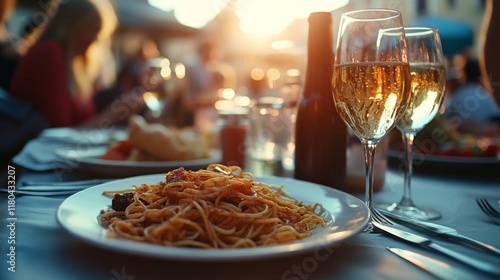 A gourmet plate of pasta with wine glasses on a sunlit table, surrounded by the lively ambiance of an al fresco dining scene. photo