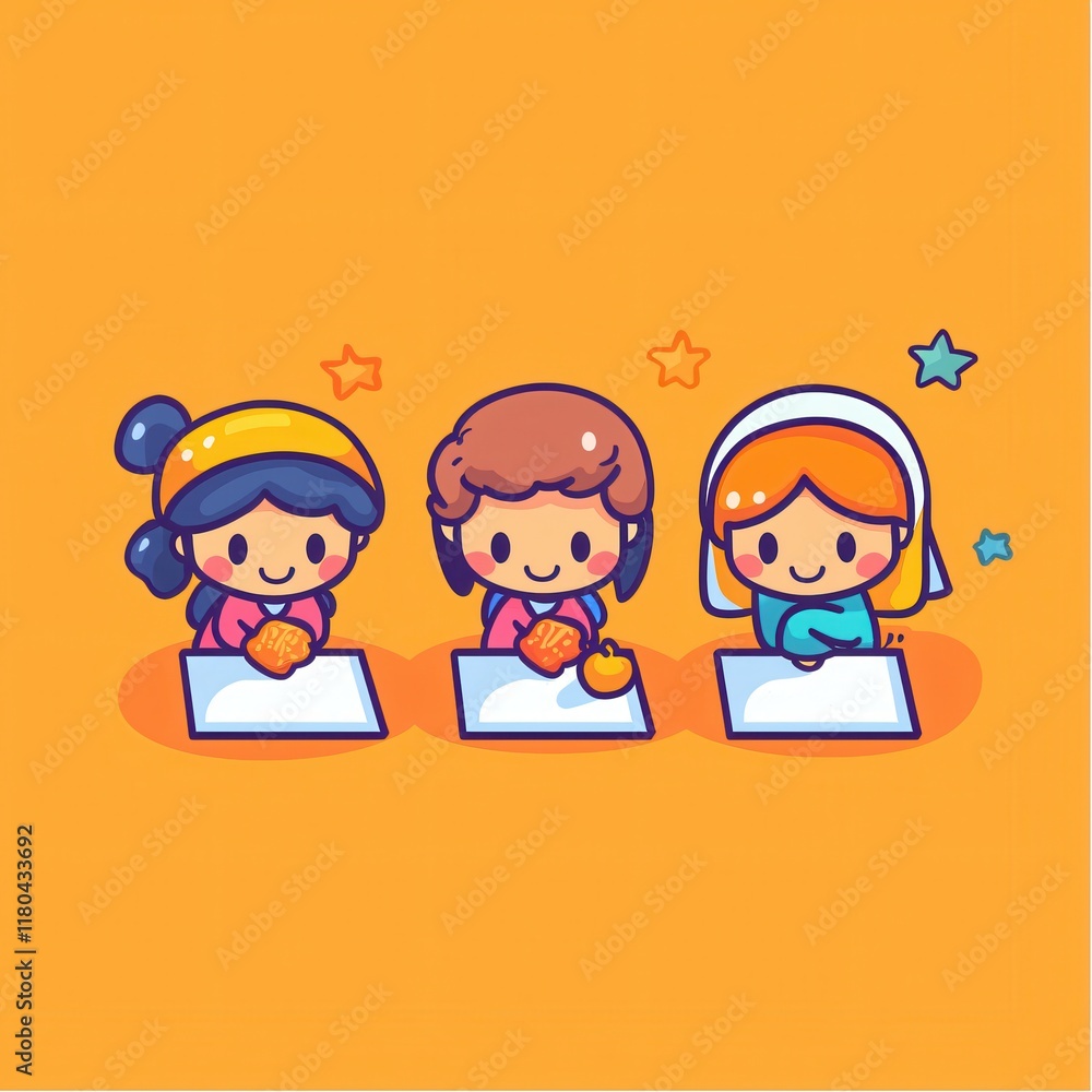 Adorable Cartoon Girls Studying Together Sharing Fruit Snacks Joyful Learning Adorable Cartoon Girls Studying Together Sharing Fruit Snacks Joyful Learning
