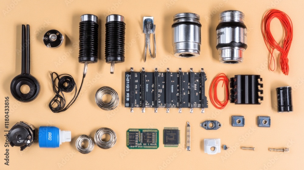 Shot of modern electronic components like memory chips and capacitors on a clean desk Shot of modern electronic components like memory chips and capacitors on a clean desk
