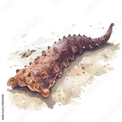 A watercolor vector of a sea cucumber lying on the ocean floor, isolated on a white background. Sea cucumber vector.
