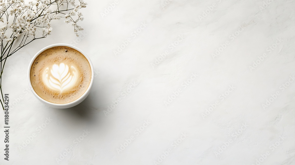 A cozy coffee cup with latte art beside delicate flowers on a light surface. A cozy coffee cup with latte art beside delicate flowers on a light surface.
