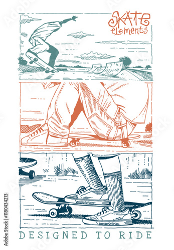 Energy in Motion: This work captures the vibrant essence of skateboarders in action, each line and stroke revealing the freedom and boldness of their movements on the wheels.