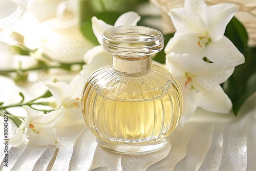 Elegant Perfume Bottle with White Lilies Luxury Fragrance Women s Scent Spa Beauty photo