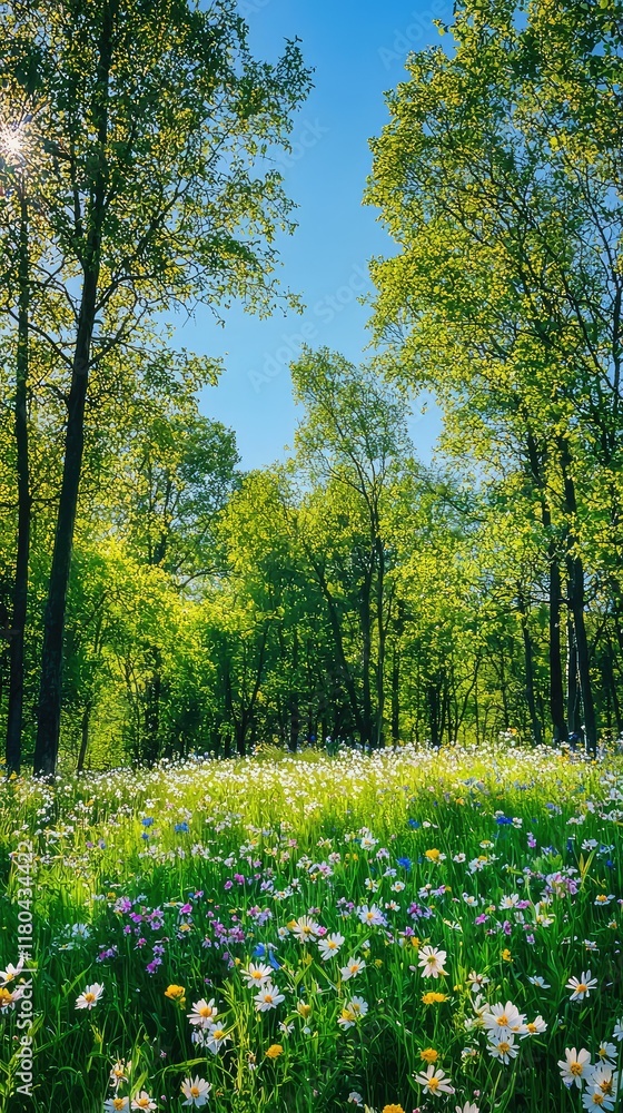 Obraz premium Lush Green Forest with Vibrant Wildflowers Under a Bright Sky