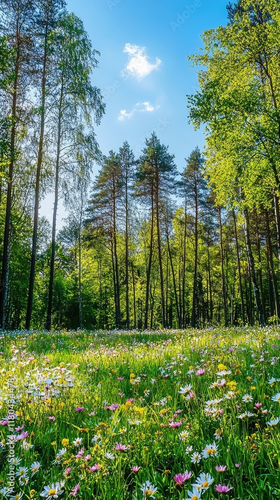 Fototapeta premium Vibrant Meadow Surrounded by Tall Trees Under Bright Blue Sky