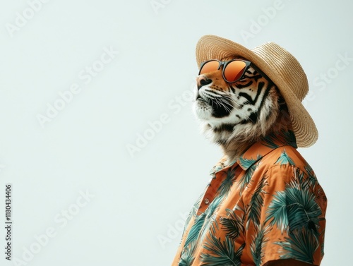 Funky tiger in sunglasses enjoying a hawaiian vacation beach setting fun animal portrait bright tropical environment captured from side view for ultimate travel vibes photo