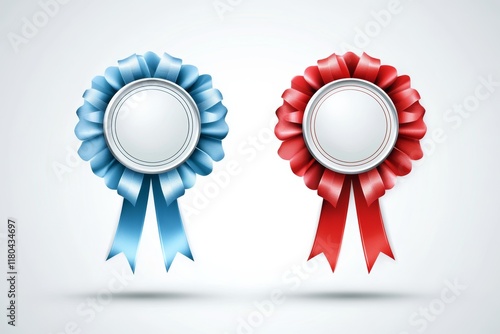 Blue and red award ribbons on light background photo