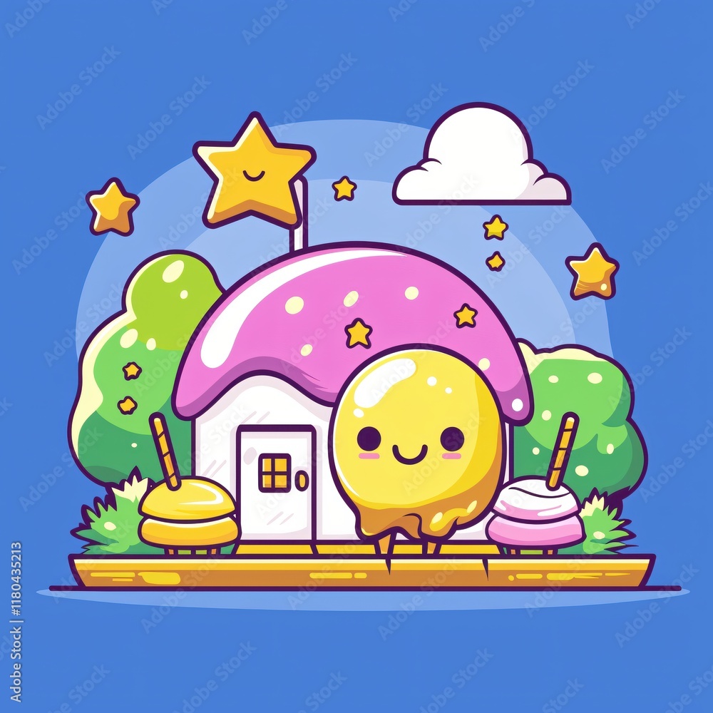 Fototapeta premium Cute Candy House Cartoon Illustration Sweet Dreamland Fantasy Scene