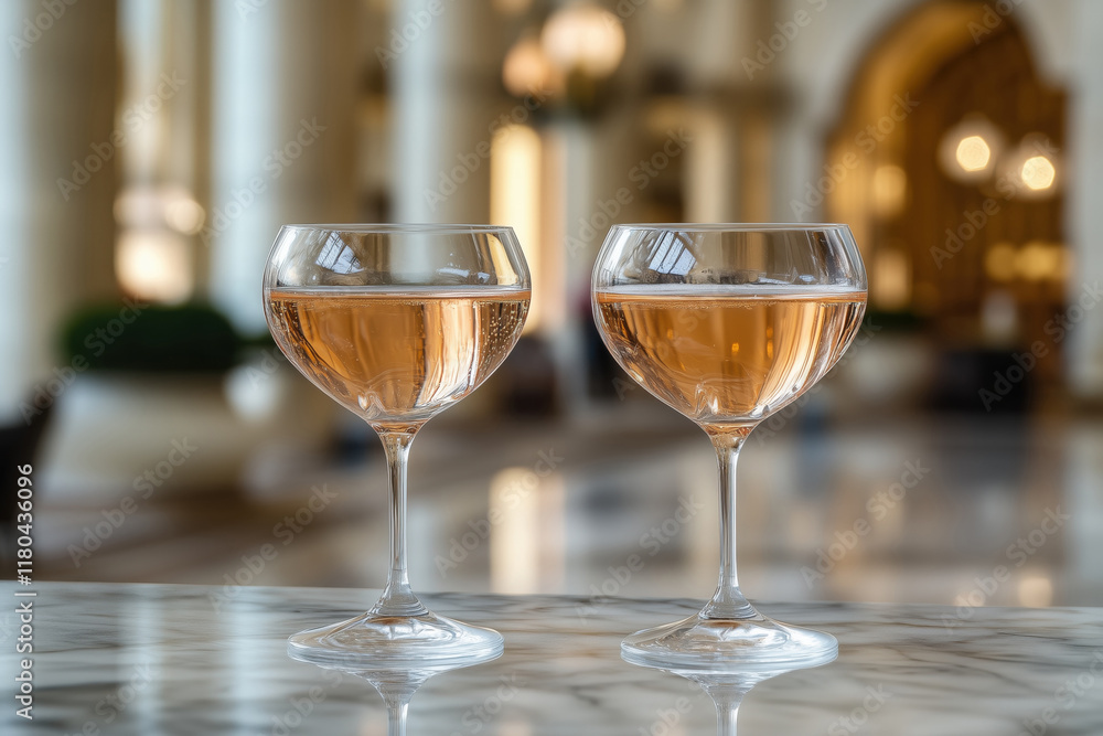 Set of two elegant champagne coupe glasses with rose sparkling wine Set of two elegant champagne coupe glasses with rose sparkling wine