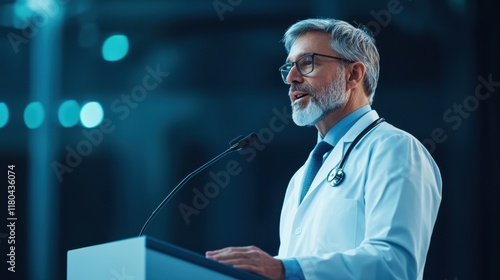 A professional male doctor delivers a speech at a podium, wearing a lab coat and stethoscope, in a well-lit conference setting.