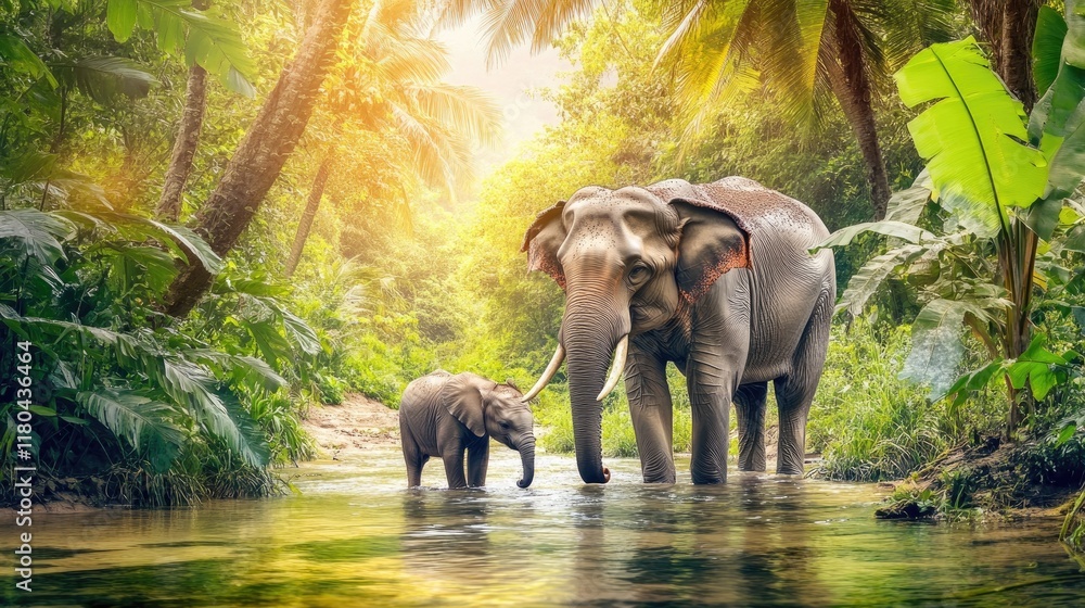 Fototapeta premium A mother elephant and her calf enjoying a cool dip in a natural stream amidst a dense green forest.