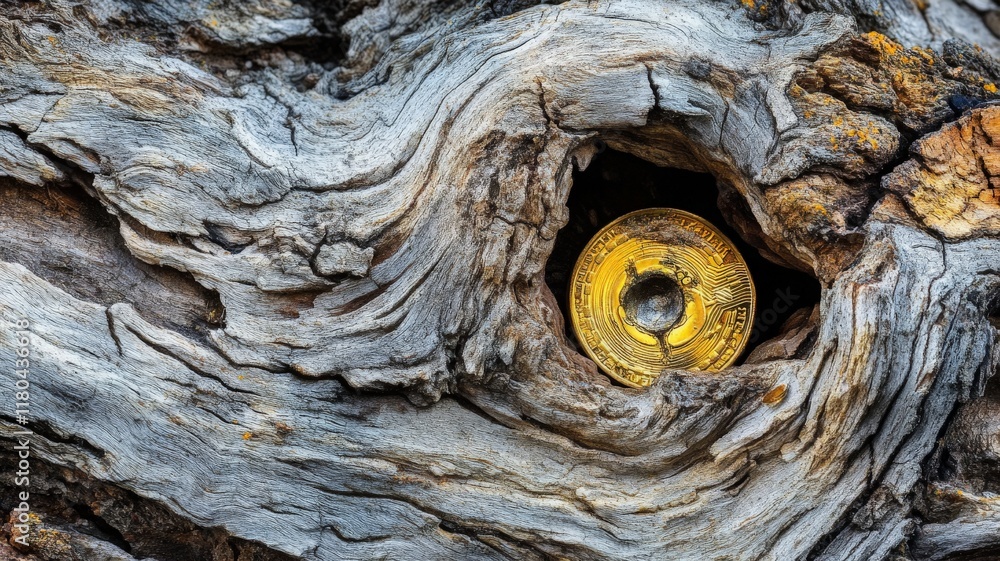 Golden Coin Embedded in Tree Bark in Soft Morning Light