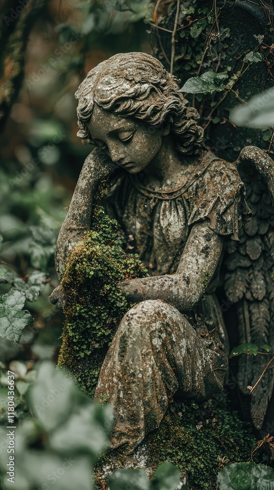 Stone Angel Statue Surrounded by Lush Greenery and Moss Stone Angel Statue Surrounded by Lush Greenery and Moss