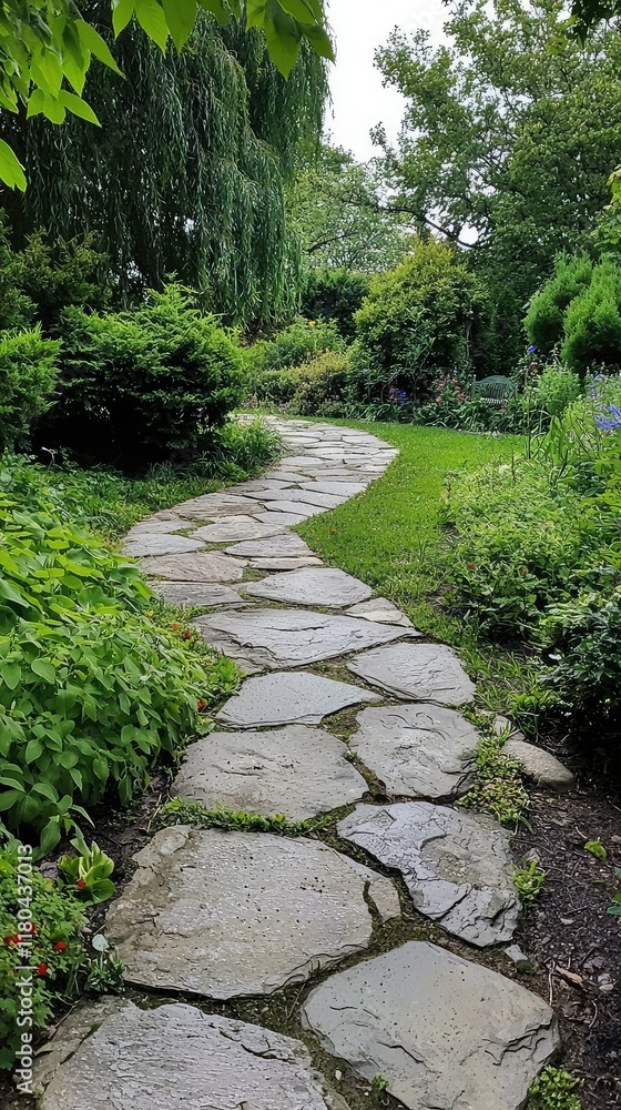Serene Stone Pathway Through Lush Garden Landscape in Daylight Serene Stone Pathway Through Lush Garden Landscape in Daylight