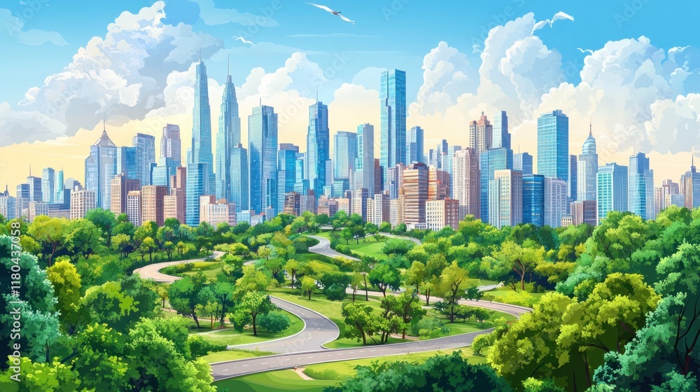Lush green park winding road cityscape skyline. Lush green park winding road cityscape skyline.