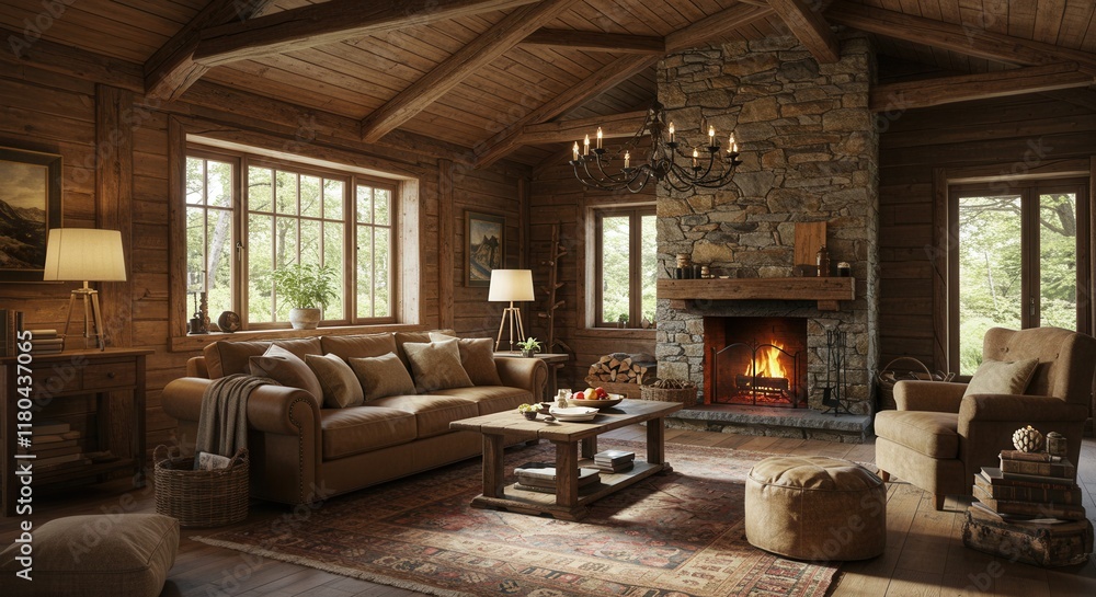 Cozy rustic living room with stone fireplace and wooden beams Cozy rustic living room with stone fireplace and wooden beams