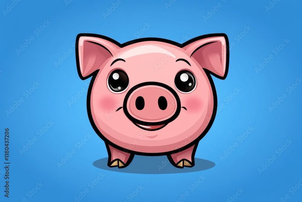 Cute cartoon pig with big eyes on blue background Cute cartoon pig with big eyes on blue background