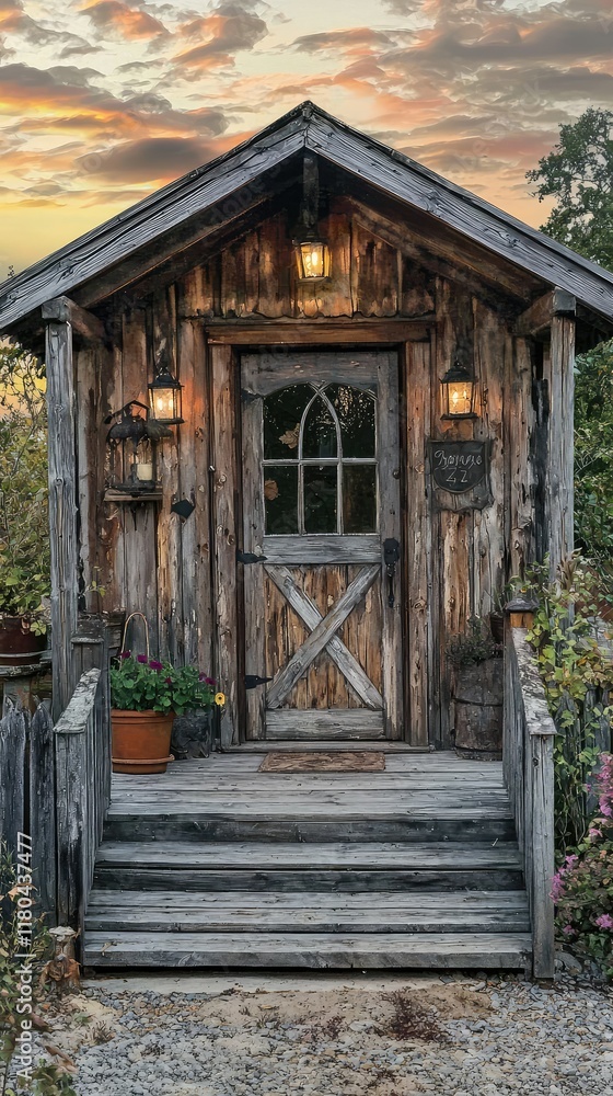 Charming Rustic Wooden Cabin with Beautiful Sunset Sky Charming Rustic Wooden Cabin with Beautiful Sunset Sky