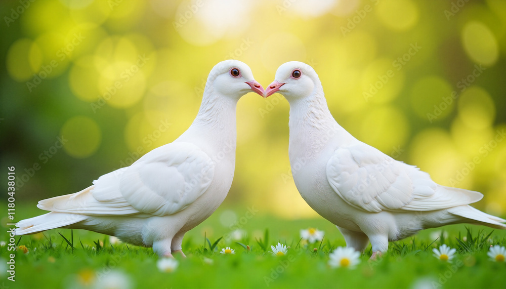 White doves showing affection on green grass White doves showing affection on green grass