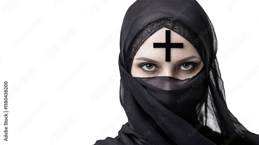 Portrait of a religious woman with a black cross on her face isolated on white background Portrait of a religious woman with a black cross on her face isolated on white background