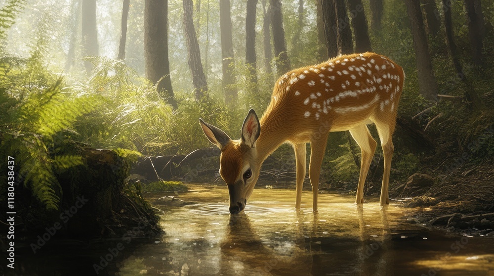 A quiet forest scene of a deer drinking water from a pristine stream, framed by lush greenery. A quiet forest scene of a deer drinking water from a pristine stream, framed by lush greenery.