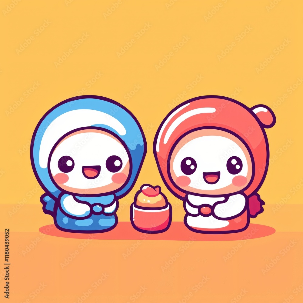 Fototapeta premium Adorable Cartoon Characters Sharing Sweet Treat Happy Pastel Colors Cute Design