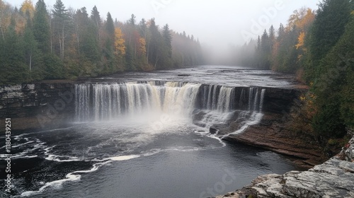A serene waterfall cascading into a rocky basin, surrounded by dense forest and thick morning fog.