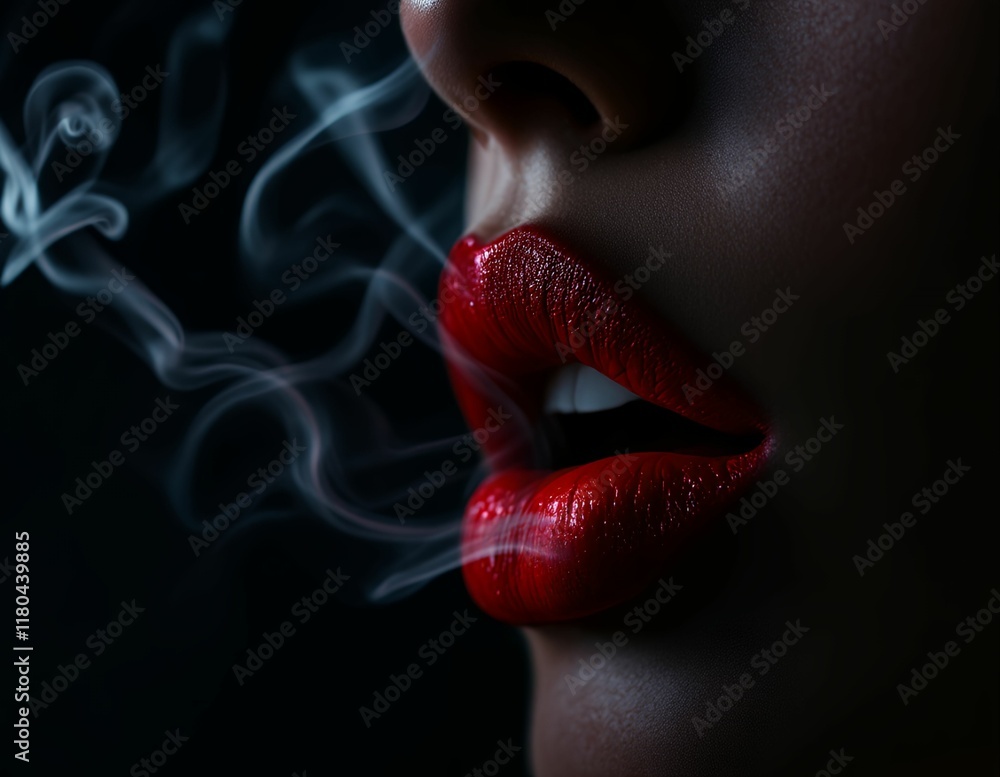 Obraz premium Crimson Lips and Smoke: A Dramatic Beauty Close-Up