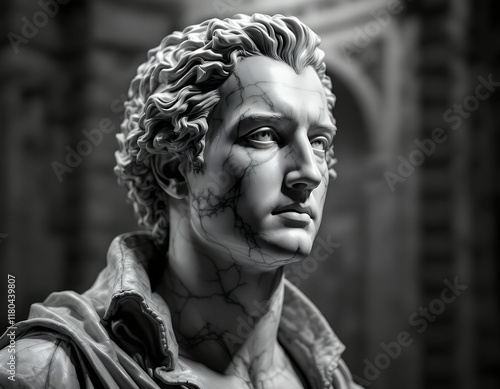 Cracked Marble Bust: A Neoclassical Portrait in Dramatic Chiaroscuro photo