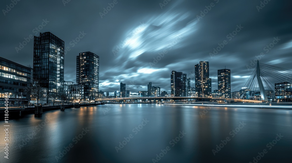 Fototapeta premium Night Cityscape Reflection Over Water with Dramatic Cloudy Sky