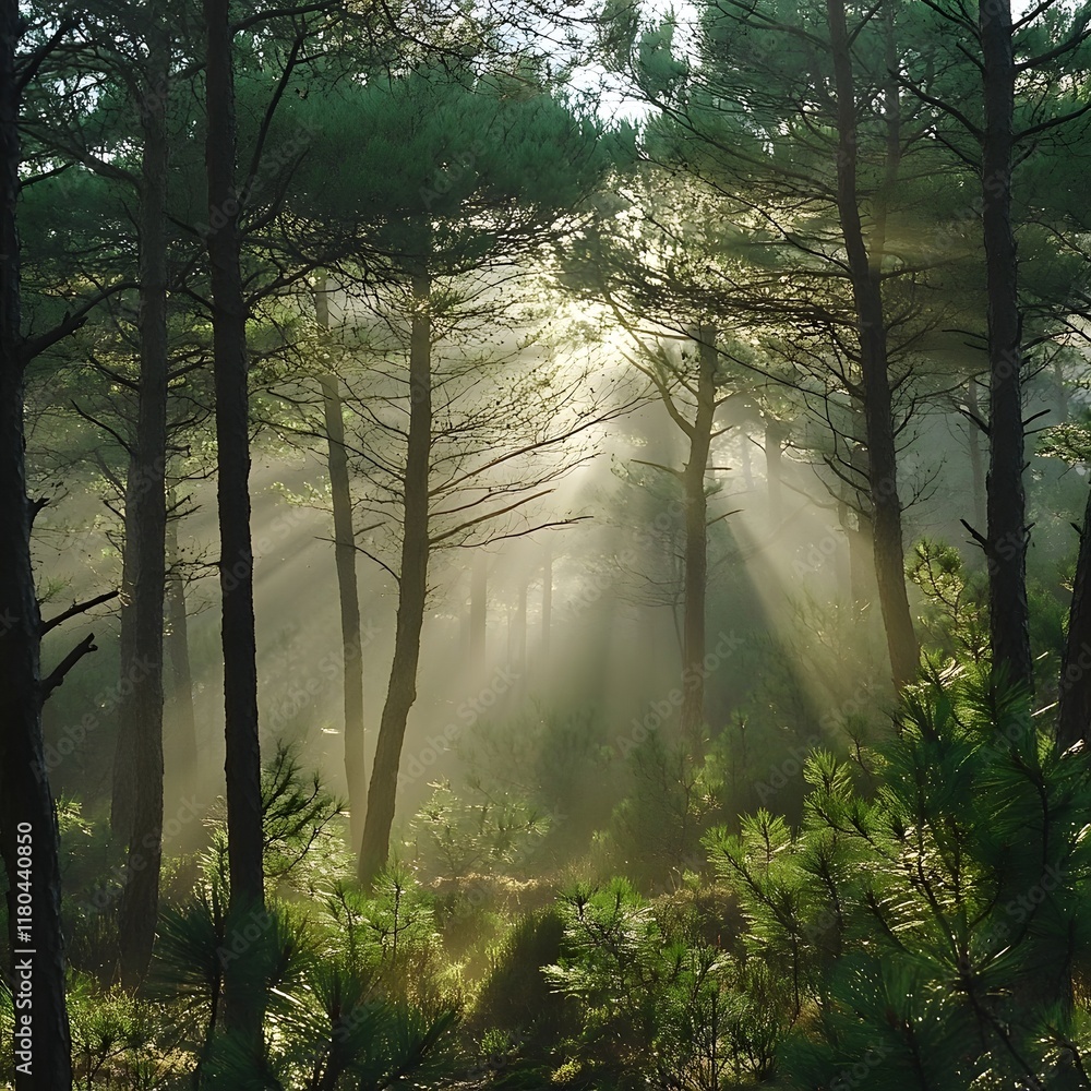 Obraz premium Misty Pine Forest with Sunlight Beams Breaking Through the Hazy Dawn