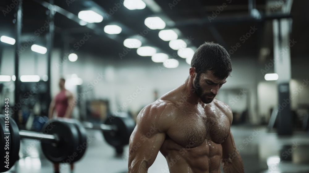 Muscular athlete, perspiring heavily, focuses intently during a workout in a dimly lit gym, surrounded by weights. Muscular athlete, perspiring heavily, focuses intently during a workout in a dimly lit gym, surrounded by weights.
