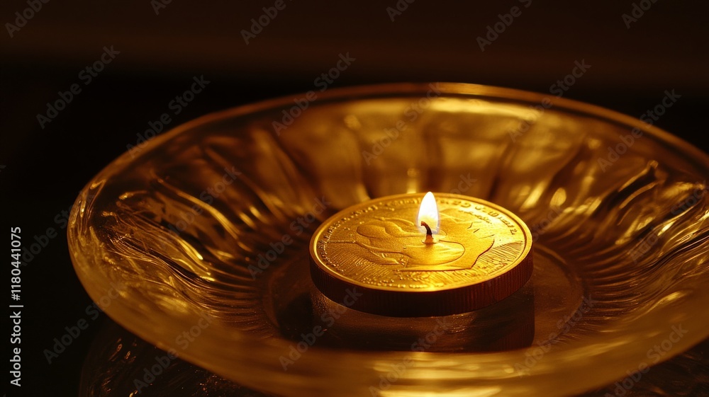 Elegant Candlelit Setting with Gold Coin on Glass Plate Elegant Candlelit Setting with Gold Coin on Glass Plate