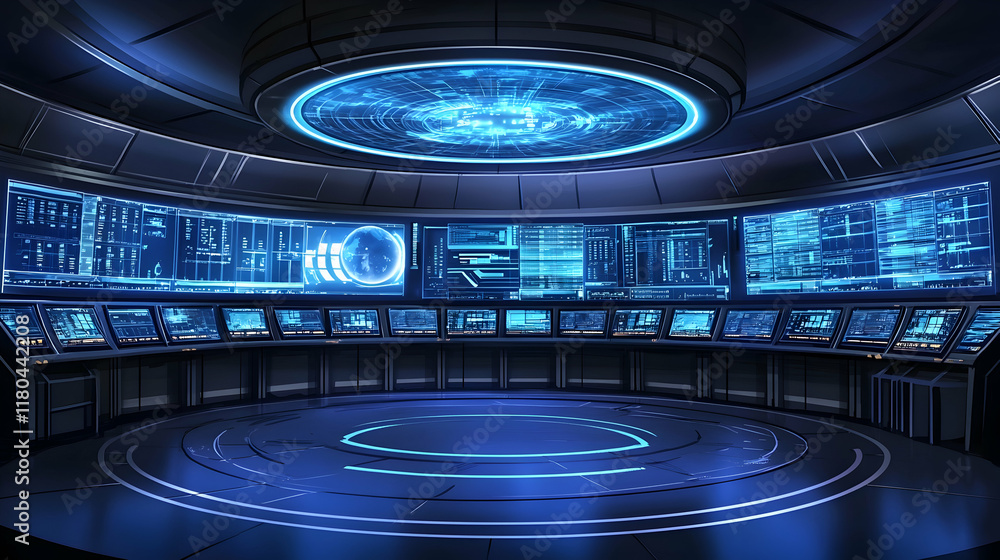 Futuristic control room with glowing displays and circular design. Futuristic control room with glowing displays and circular design.
