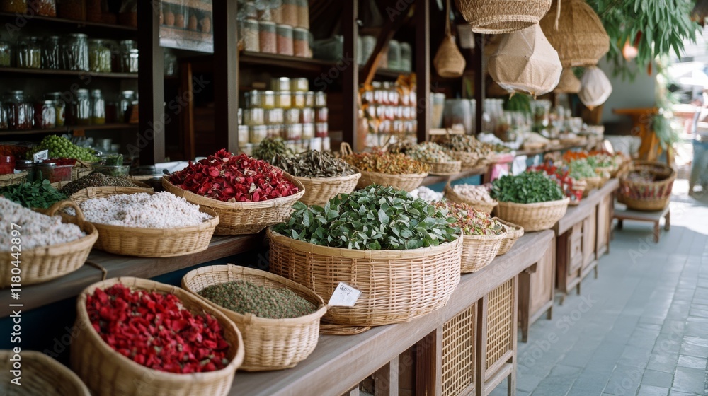 Fototapeta premium A vibrant market stall displays an array of colorful spices and herbs, inviting exploration of diverse flavors and aromas.