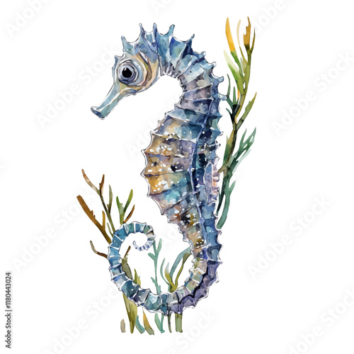 A watercolor painting of a seahorse clinging to seaweed, isolated on a white background. Seahorse vector.
