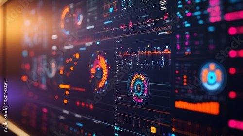 Complex manufacturing data analysis and statistics are displayed on a futuristic control panel, showing various graphs, charts, and metrics, providing real time insights into the production process