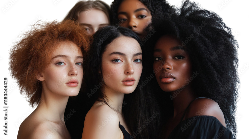 Portrait of diverse group of beautiful females isolated on white background Portrait of diverse group of beautiful females isolated on white background