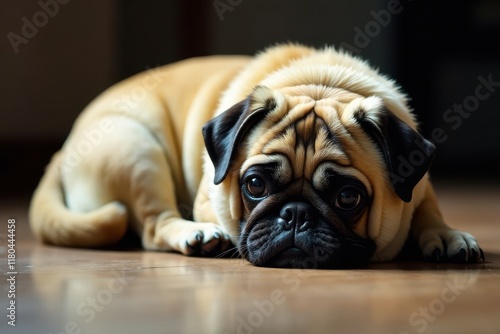 Pug curled up in a ball on the cold floor with a downtrodden face, isolation, sadness, animal photo