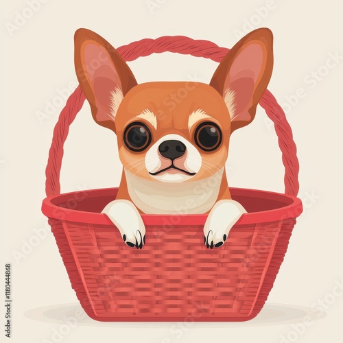 Cute Chihuahua Dog Sitting in a Red Woven Basket in Cartoon Style