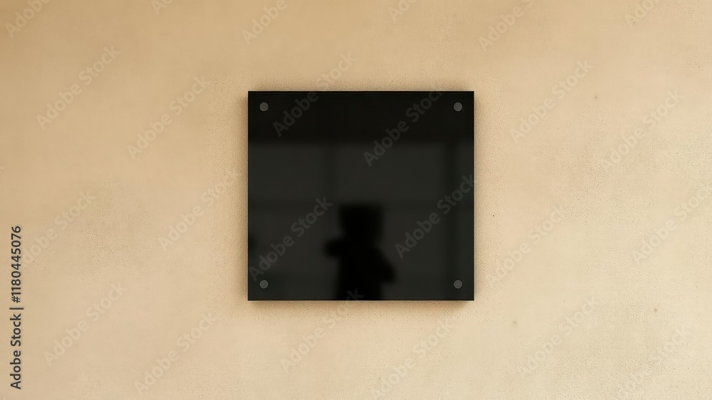 Sleek black glass sign on a rustic textured wall, signage, blank sign, texture Sleek black glass sign on a rustic textured wall, signage, blank sign, texture