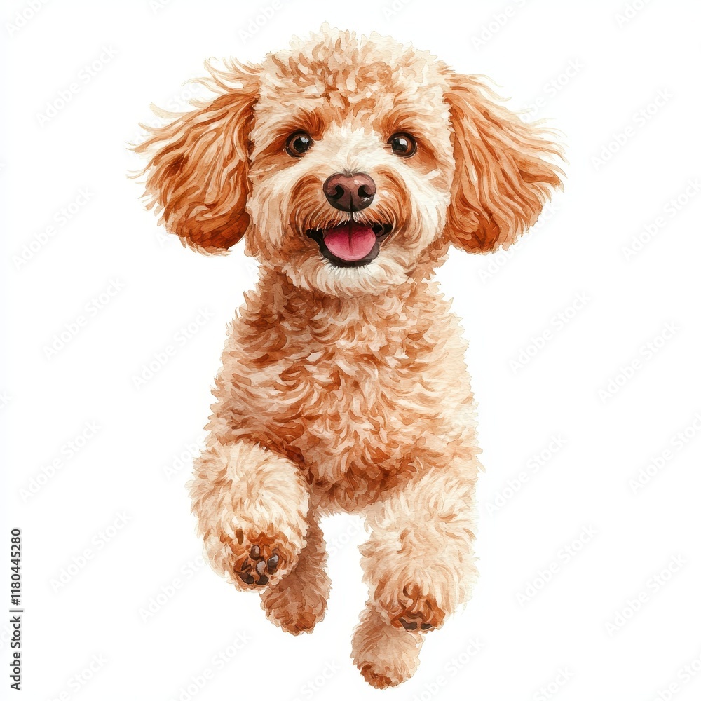 Happy Fluffy Dog with Curly Fur Jumping in Joyful Playful Moment