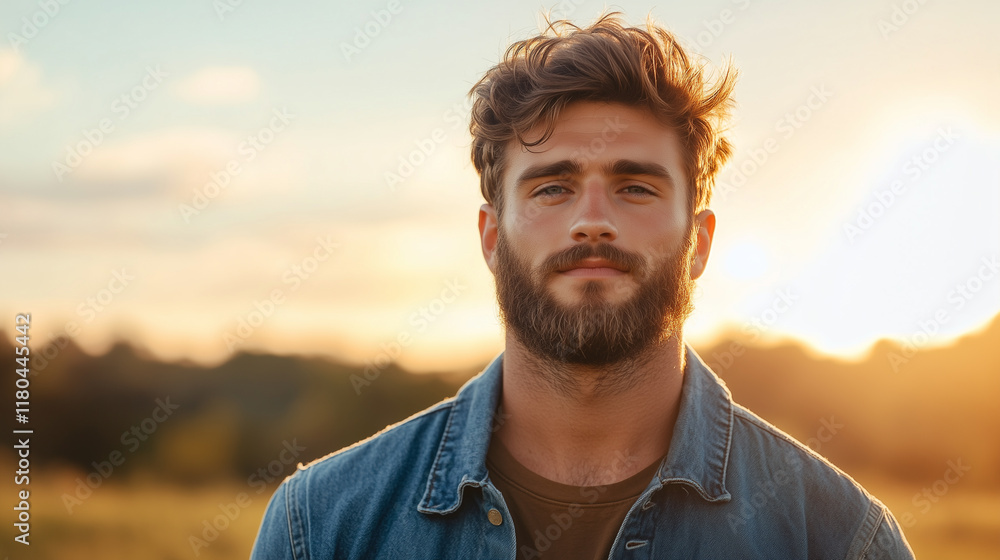 young man with beard stands outdoors during sunset, exuding confidence and warmth. young man with beard stands outdoors during sunset, exuding confidence and warmth.