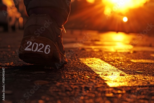 Wallpaper Mural A close-up of a runner’s foot in motion on a road marked with 2026 as the sun sets in the background Torontodigital.ca