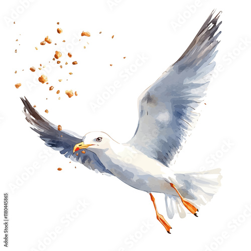 A watercolor clipart of a seagull catching crumbs, isolated on a white background. Seagull vector.
