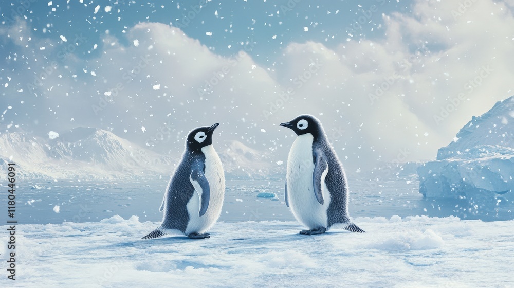 Fototapeta premium Two Penguins Standing on Snowy Antarctic Ice